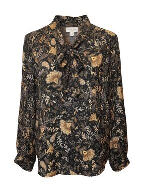 Michael Stars Black Floral Tie-Neck Blouse with Gold Accents
